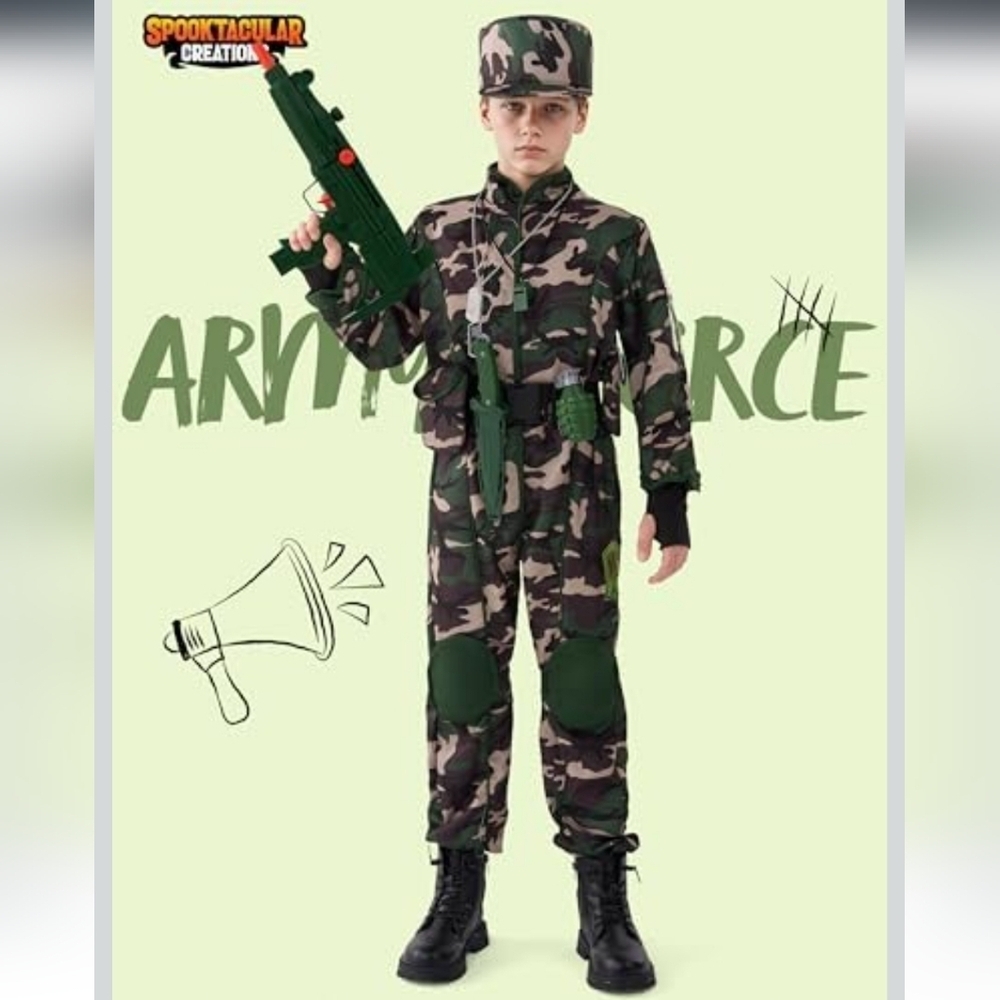 Kids Army Soldier Costume Large 10-12 Camo Trooper Halloween Dress Up Set - Picture 2 of 8